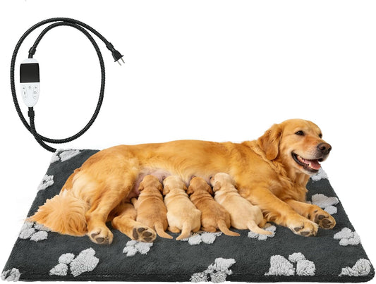 Heated Whelping Pad for Puppy, Dog Heating Pad with Upgraded Smart Thermostat Switch,Warm Crate Mat with Anti-bite Cord Outdoor Indoor,Constant on Function,UL&FCC Dual Certification,18*28in