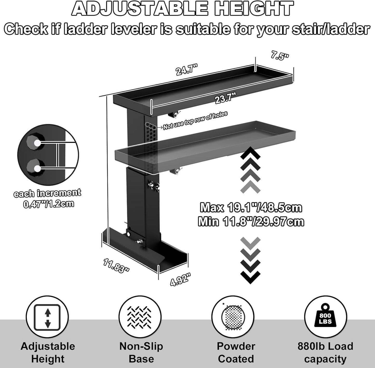 Foldable Ladder Extender for Stairs-Heavy-Duty Ladders Leveler-Adjustable 11.8-19.1" Height/Platform 23.7x7.5"/Non-Slip Mat-Ladder Extension Aide Stabilizer for Extension/Straight/Telescopic Ladders