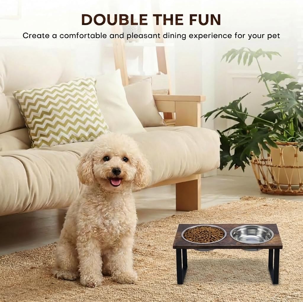 Elevated Dog Bowl Stand for Medium and Large Dogs, MDF Raised Dog Feeder with 2 Stainless Steel Bowls, Tilted Dog Food and Water Dish Set, Wooden Pet Feeding Station (Black)