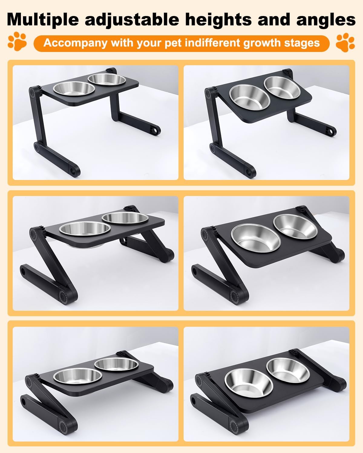 Elevated Dog Bowls with 2 Stainless Steel Plates - Foldable & Adjustable Height Dog Feeder, Ideal for Travel Carrying - Suitable for Small to Medium Dogs, Cats, Pets