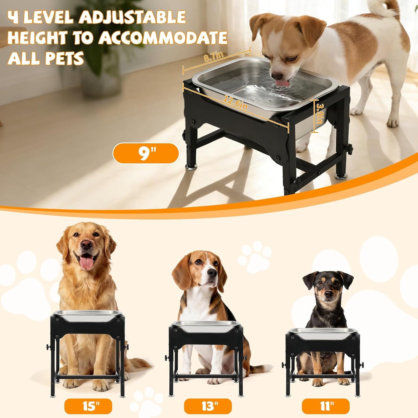 BWOGUE 1.25 Gal Elevated Large Dog Water Bowl, Raised Stainless Steel Bowl Stand Large Breed, 4 Height Adjustable (9", 11", 13", 15") Non-Slip Dog Feeding Station for Joint Pressure Relief Outdoor