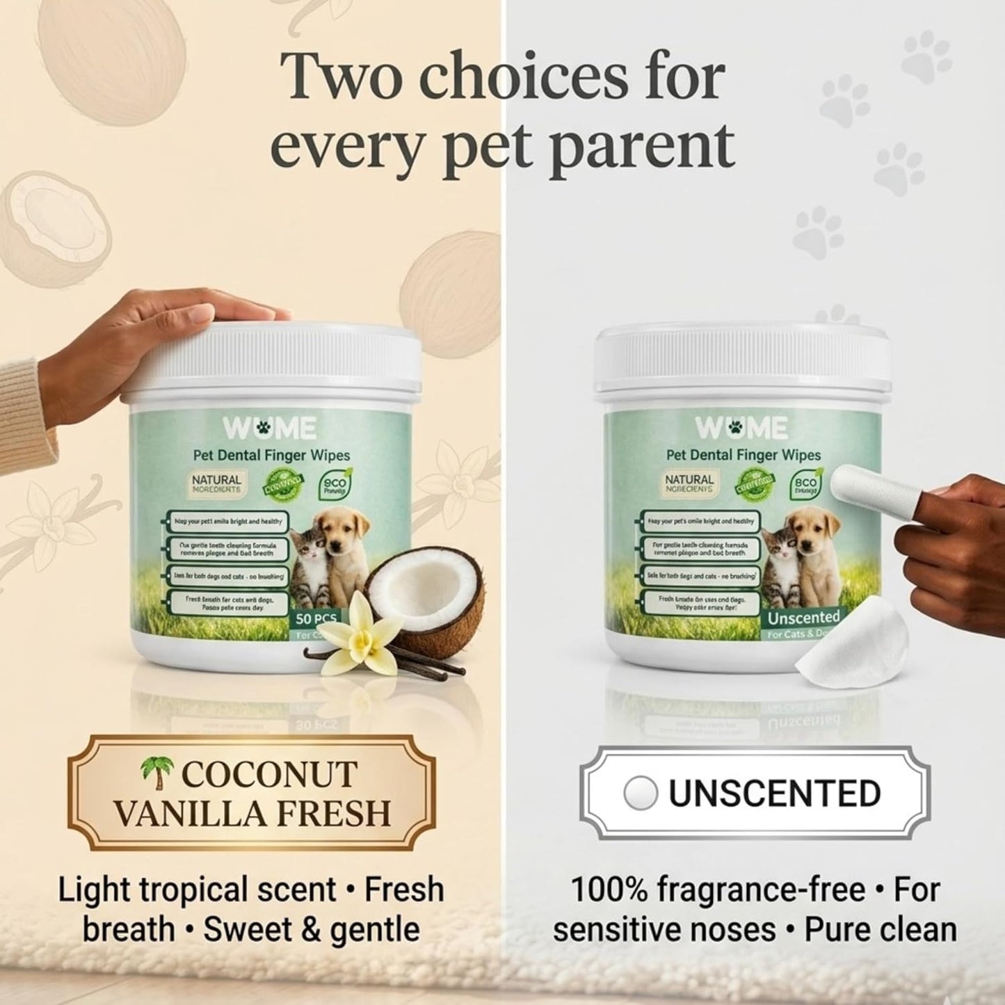 WUME Pet Dental Finger Wipes for Dogs & Cats Vet-Inspired Teeth Cleaning Wipes, Toothbrush Alternative, Gentle, Alcohol-Free, Disposable, 50 Counts