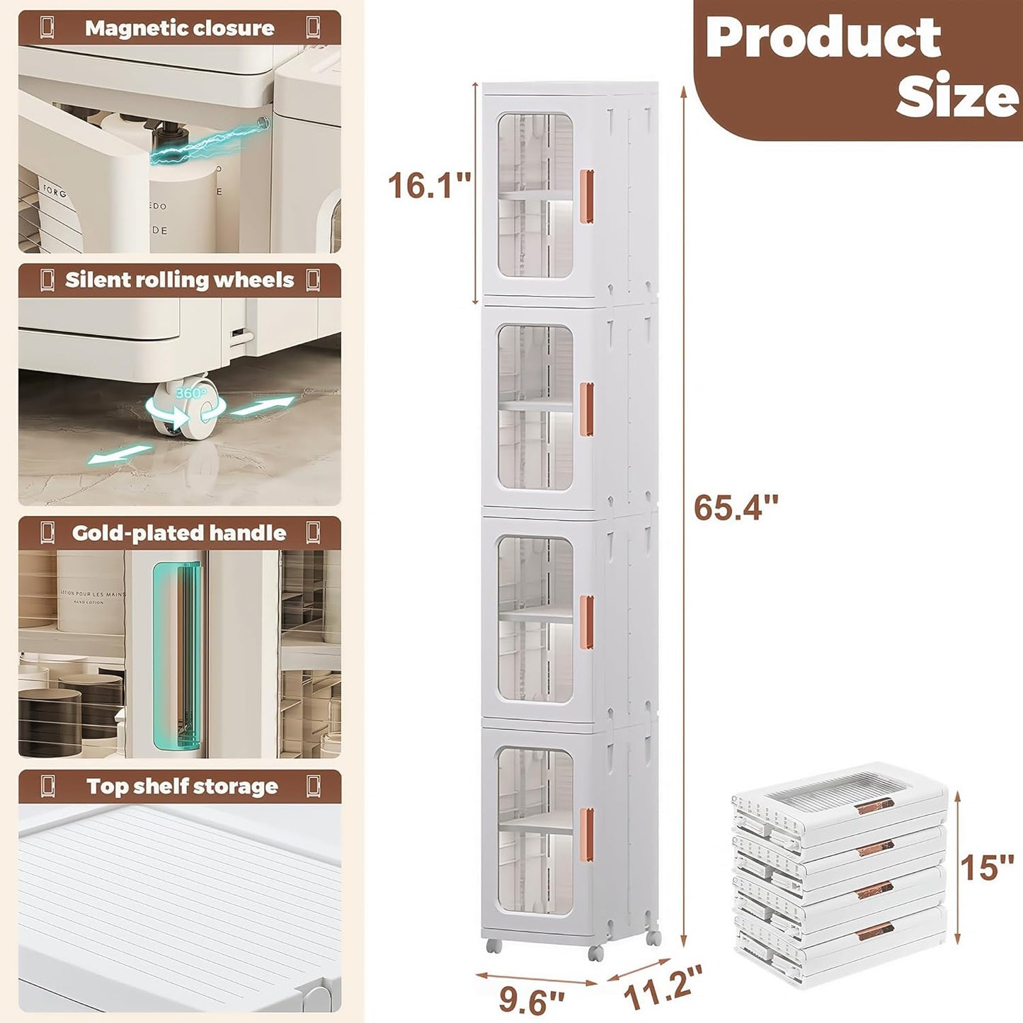 Tall Narrow Storage Cabinet with Movable Wheels, Adjustable Shelves & Magnetic Doors – Foldable Slim Plastic Organizer for Bathroom, Kitchen, Laundry, Ideal for Small Spaces(4-Tier,White)