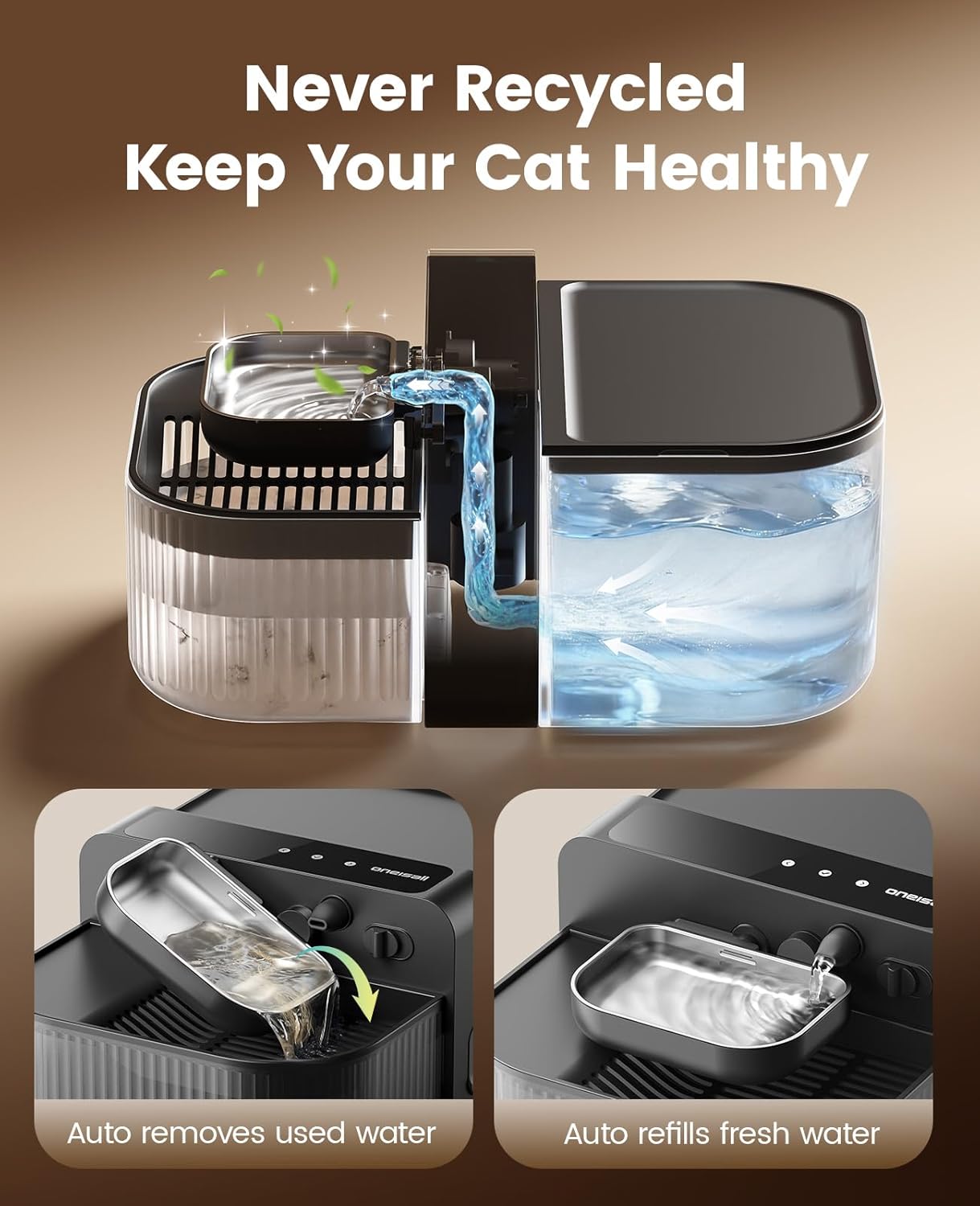 oneisall Wireless Filterless Cat Water Fountain, Separate Clean and Dirty Water Pet Fountain with Stainless Steel Bowl, 3.5L/118oz Quiet No Filter Smart FreshFill Automatic Cat Water Dispenser, Black