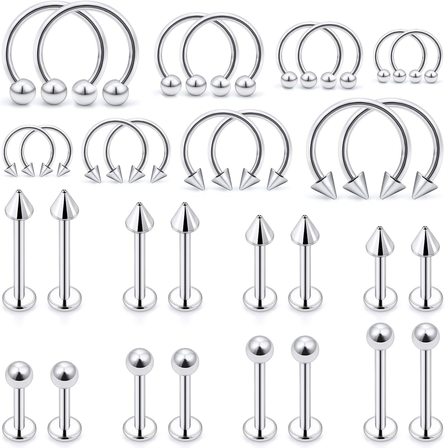 Ftovosyo Lip Rings 32PCS Labret Jewelry Monroe Lip Barbell Ring Snake Bite Piercing Jewelry 16G Helix Earring Daith Tragus Cartilage Studs Surgical Steel Piercing Jewelry for Women Men
