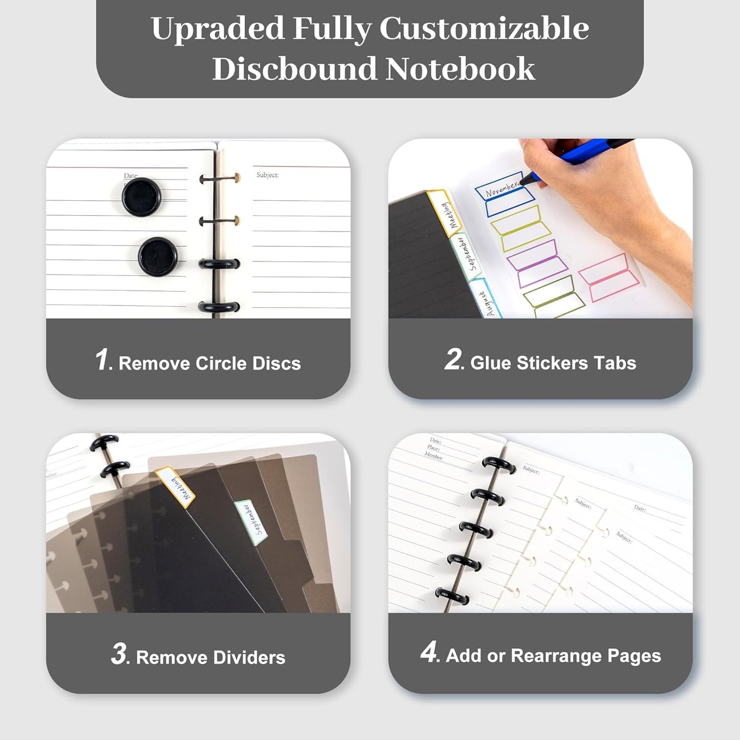 Yoment Discbound Notebook Customizable Spiral Journal Refillable 5 Subject Notebook with Removable Pages 120 Wide Ruled Disc Planner with 6 Binder Dividers & 16 Tabs for Work Meeting School, Black