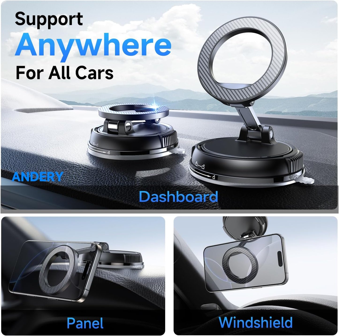 ANDERY Car Phone Holder for Magsafe [78+LBS Strongest Suction & 2400gf Magnetic] 360° Adjustable Car Phone Mount, Phone Holders for Your Car for iPhone 17-12 Pro Max Plus Air, Carbon Fiber