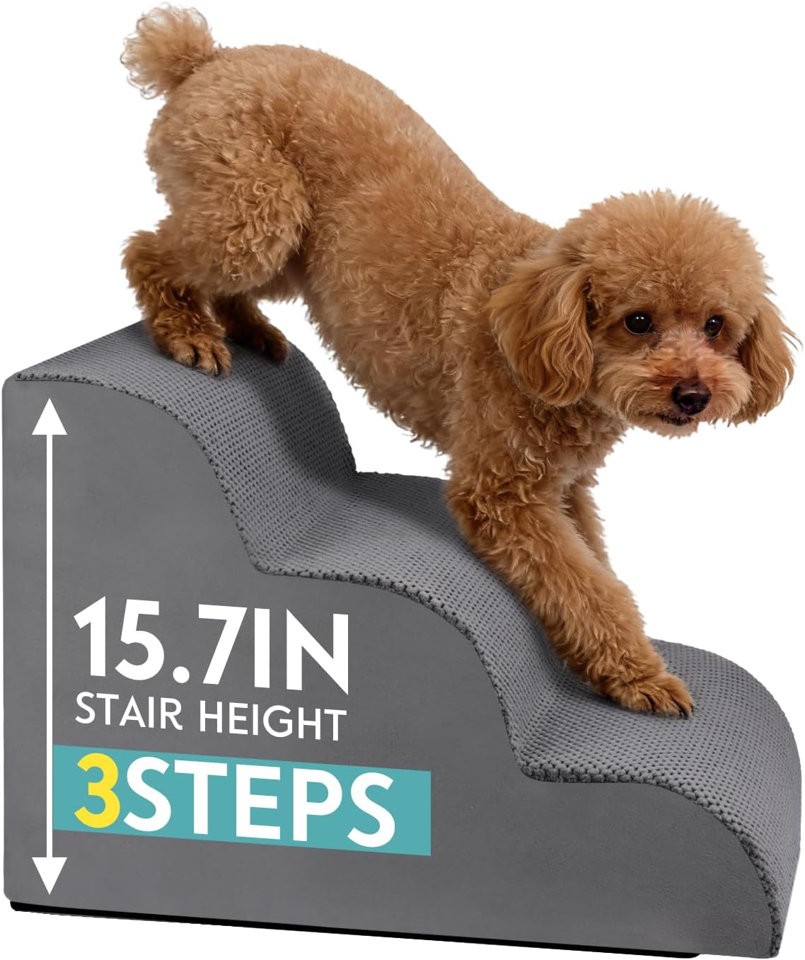 Dog Stairs for Small Dogs,15.7" H Pet Stairs 3-Steps Ramp for Puppy, Older Cat, Stairs with Whole 30D High Density Foam, Corduroy Fabric, Non-Slip Bottom Dog Steps for Bed and Couch (Grey, 3-Step)