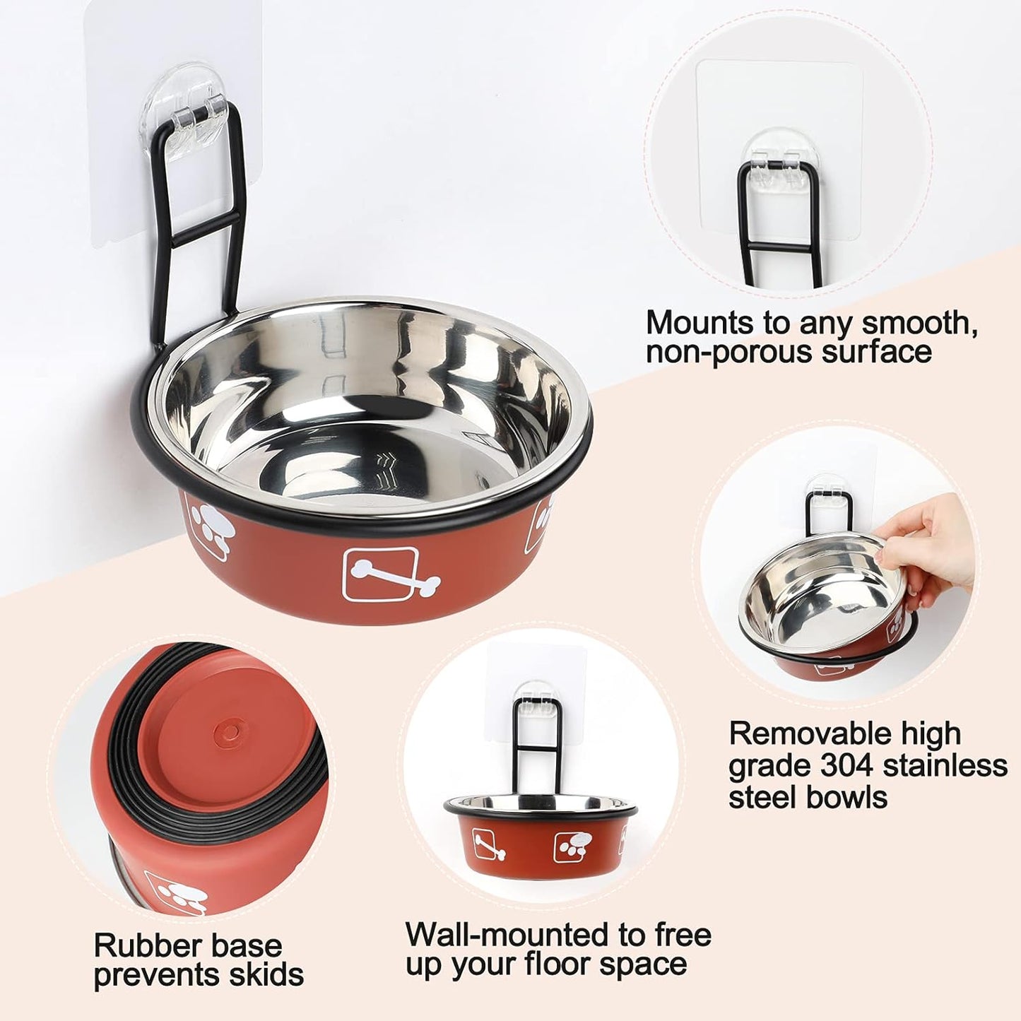 Torlam Elevated Pet Bowls, Wall Mounted Cat Food Dish, Raised Cat Food and Water Bowls, Stainless Steel Elevated Pet Bowls with Stand, Nonslip No Spill Pet Feeding Bowls (2 Packs) (Red)