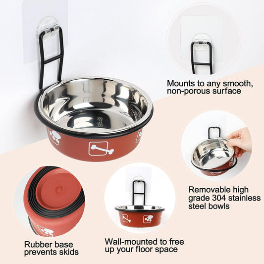 Torlam Elevated Pet Bowls, Wall Mounted Cat Food Dish, Raised Cat Food and Water Bowls, Stainless Steel Elevated Pet Bowls with Stand, Nonslip No Spill Pet Feeding Bowls (2 Packs) (Red)