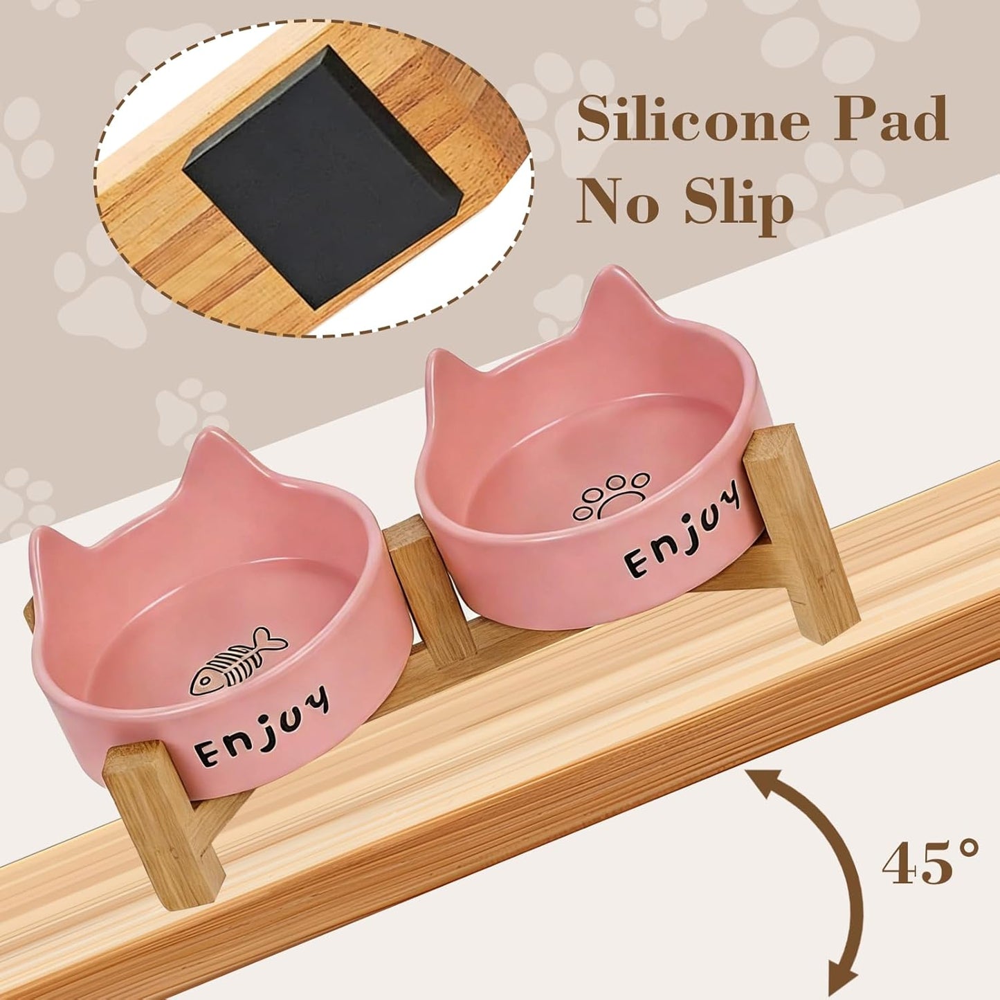Puffluv Ceramic Dog and Cat Bowl Set with Wooden Stand Non-Slip Matte Glaze Weighted Food Water Cute Raised Feeder-Pink Cat Ear-6.76 OZ