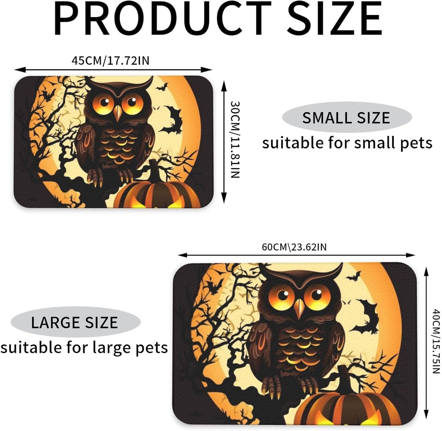 Black Tree Owl Pumpkin Head Pet Feeding Mat 40x60cm Absorbent Leather Dog Cat Food Mats Non-Slip Dog Bowl Mats for Food and Water, Quick Dry Pets Placemats for Cats and Dogs Water Bowl