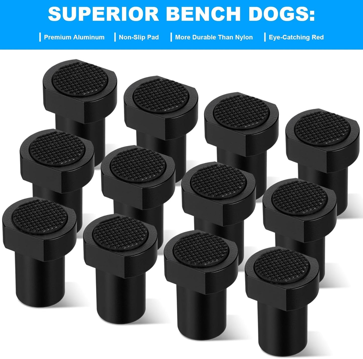 12 Pack Bench Dogs Aluminum Alloy Non-Slip Pads 3/4-Inch (19mm),Bench Dog Clamp Accessory, MFT Stops for Woodworking, Workbench Accessories