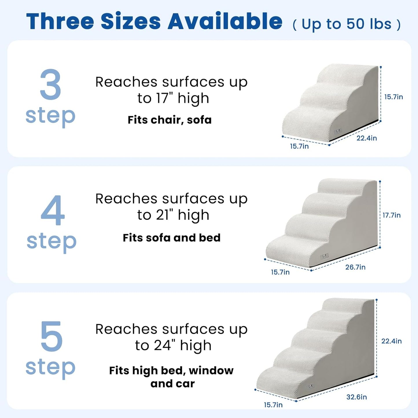 Dog Steps for Bed, 4 Step Pet Stairs for Small and Medium Dogs, Non-Slip Dog Ramp with Washable Cover, High-Density Support Foam for Easy Climbing,Light Grey