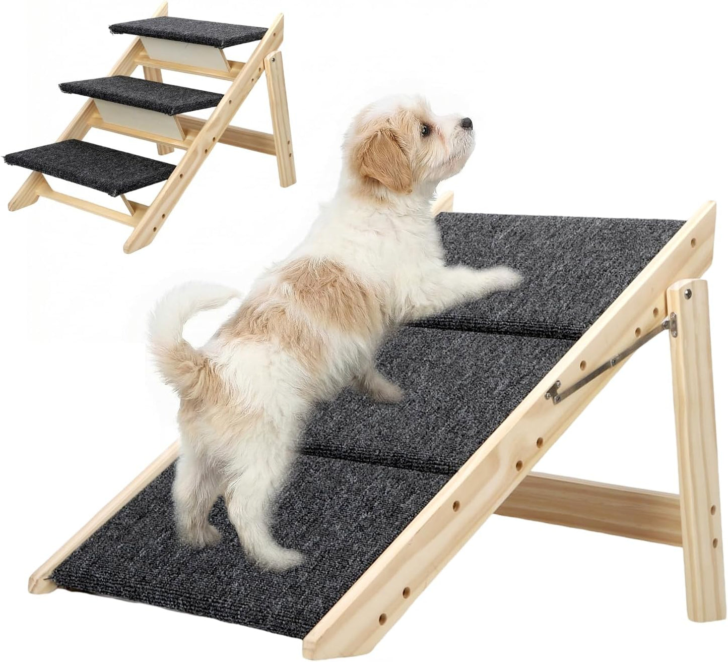 Dog Ramp, Durable Pet Stairs for High Beds, 2-in-1 Foldable Wooden Dog Steps for Couch and Car, Joint-Friendly Stairs for Senior Dogs, Non-Slip Carpeted Pet Steps with High-Weight Capacity