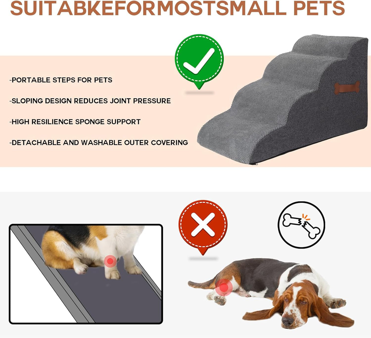 Dog Stairs for Small Dogs, 4-Step Pet Ramp for High Beds & Couches, 20" Height - Waterproof Foam Steps with Removable Washable Cover, Non-Slip & Sturdy for Cats and Senior Pets