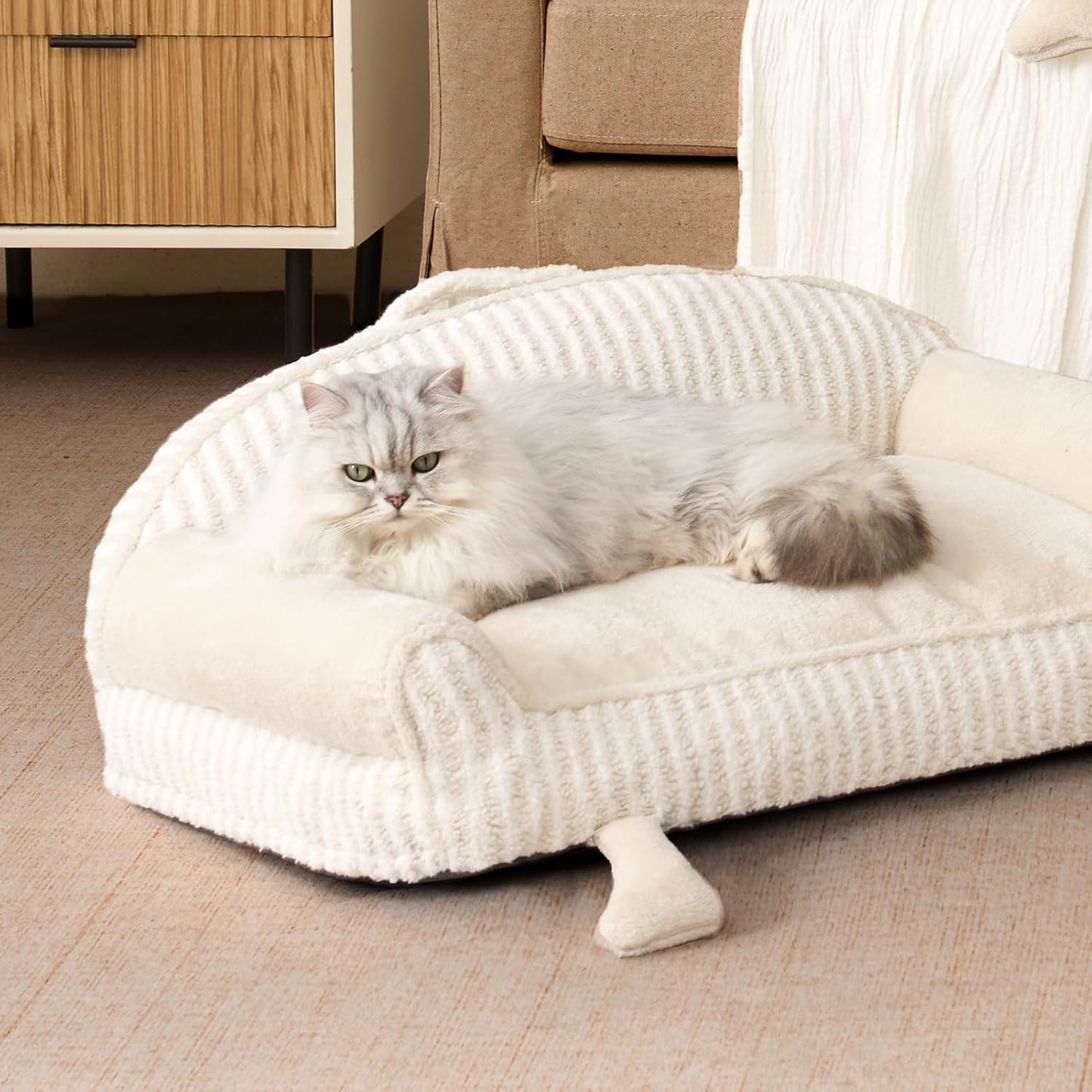 EHEYCIGA Washable Dog Beds for Large Dogs for Crate 35 Inch - Striped Cat Couch for Indoor Cats with Removable Cover, Shredded Memory Foam Waterproof Puppy Bed with Non - Slip Bottom, Cream
