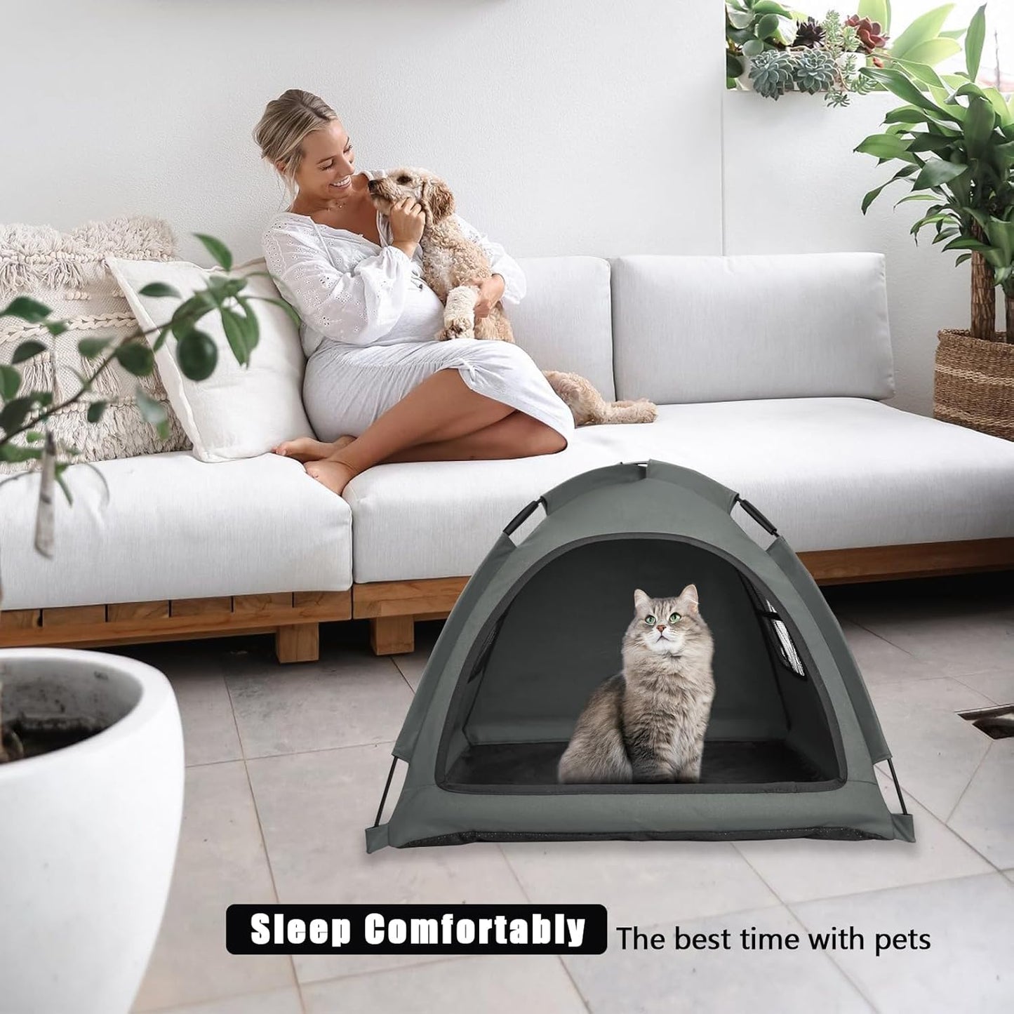 Open Design Pet Tent, Cozy Monitoring Bed for Cats & Puppies, Breathable Mesh Walls for Security & Ventilation, Indoor Outdoor Travel, Grey