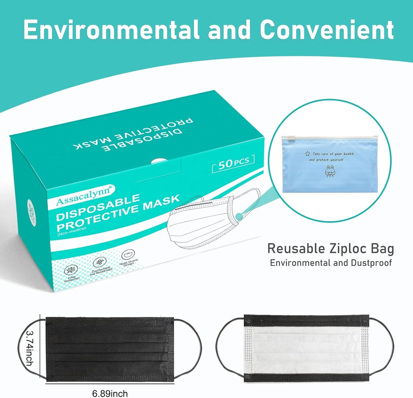Disposable Face Masks 4 Layers, 2023 Upgraded 50PCS Black Mask with White Inside, Breathable Face Mask with Comfortable Wider Flat Elastic Ear Bands