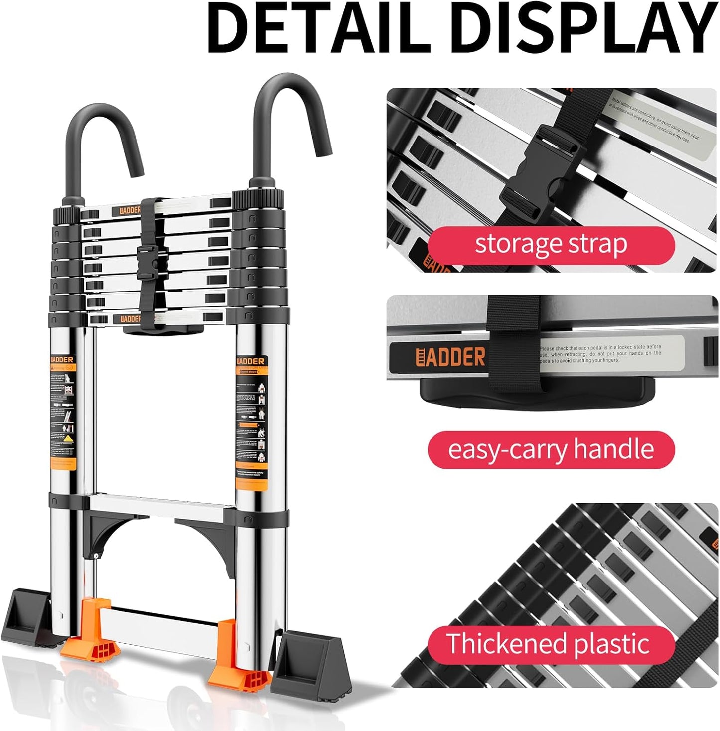 Telescoping Ladder,with Stable Hook and stabilizer barand,12.5 FT Extension Ladder, Heavy Duty 330lbs Max Capacity, Multi-Purpose Collapsible Ladder for RV or Outdoor Work (3.8M/12.5FT)