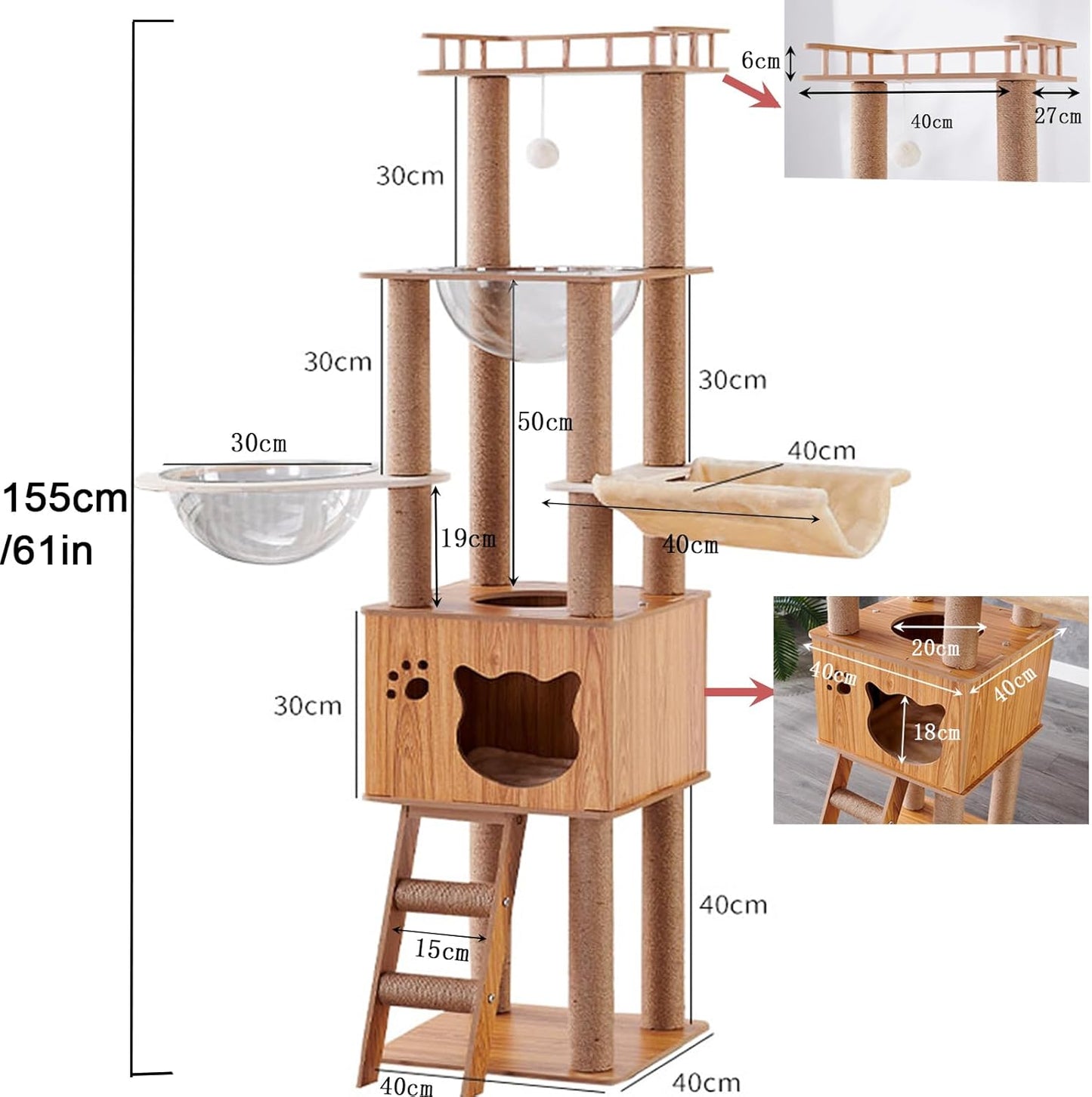 61'' Wooden cat Tree with cat Condo, Cat Stairs Scratching Posts, 2 Bowl,Sisal Scratching Posts,Cozy Cat Hammock and Top Perch. Cat Tree for Large Cats.