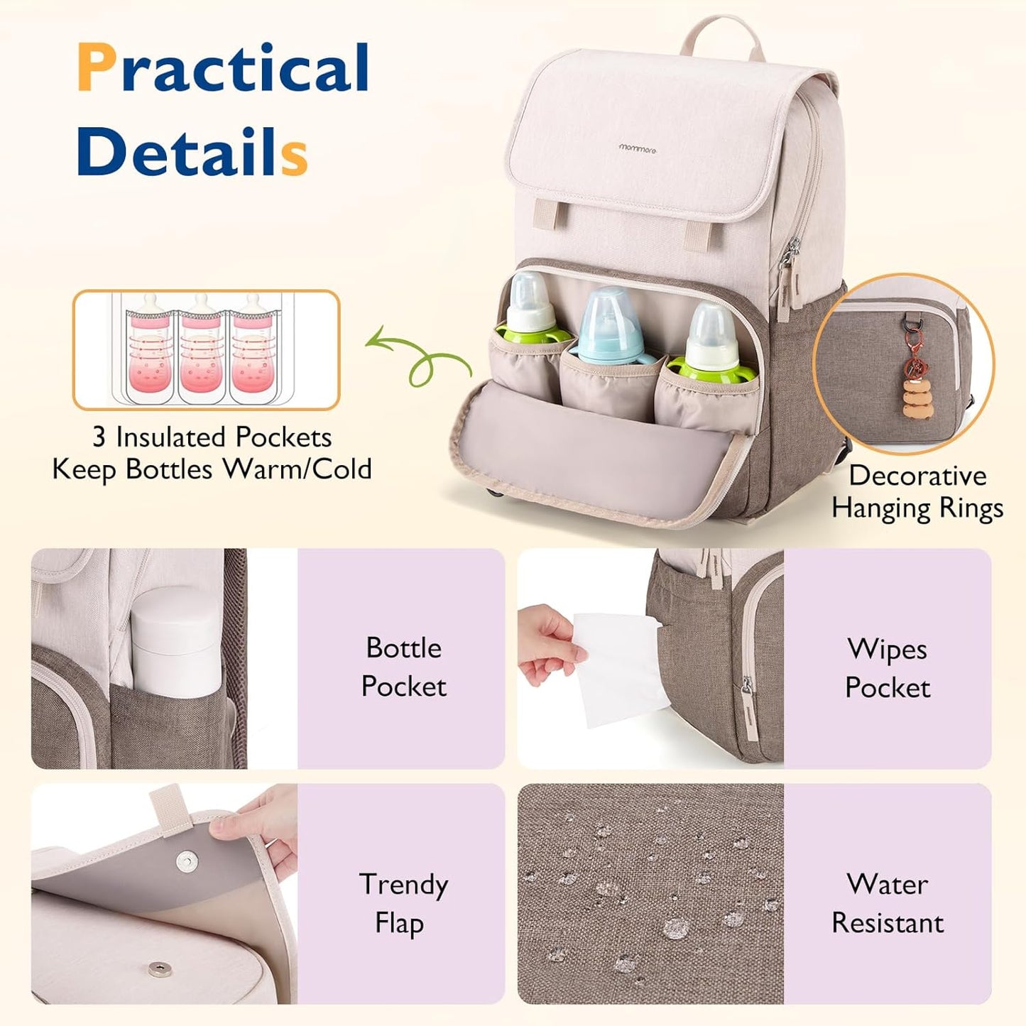 mommore Diaper Bag Backpack Unisex Baby Bag Large Diaper Bag with Changing Pad, Insulated Pockets, Stroller Buckles, Durable Travel Backpack with Luggage Strap