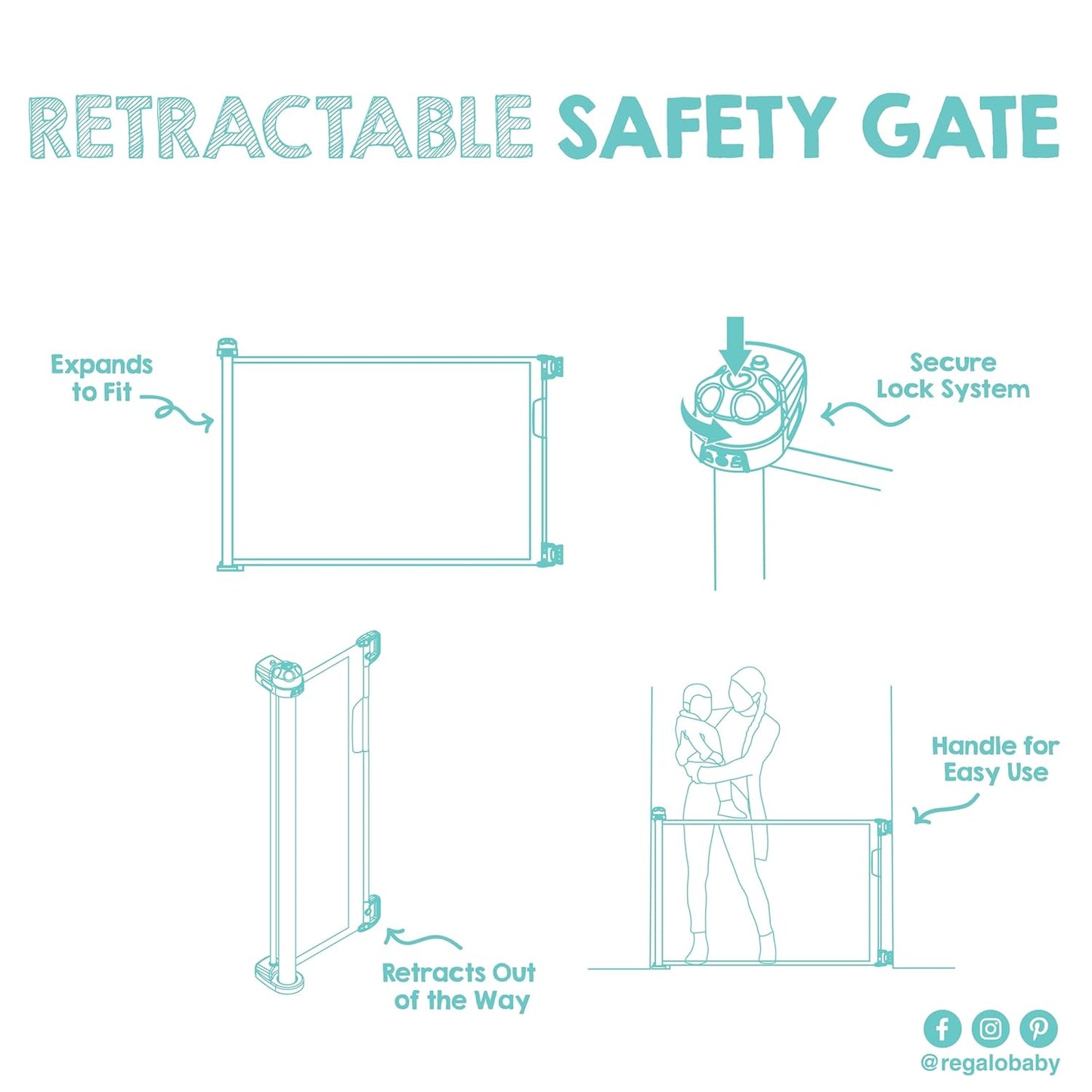 Regalo Safety 50" Extra Wide Retractable Baby Gate, Mesh Safety Gate for Doorways, Hallways & Bottom of Stairs, Hardware Mounted Gate for Babies, Toddlers & Pets, Lock Indicator Window, Gray