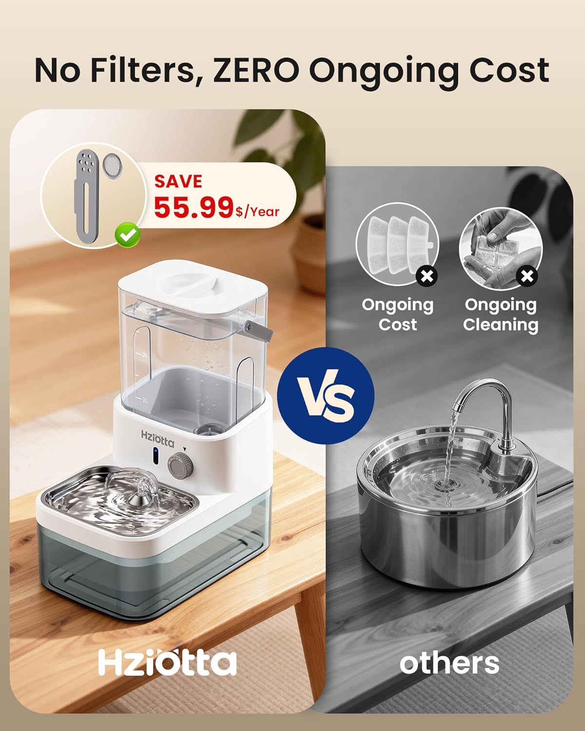 Wastewater Separation Cat Water Fountain No Filter, Stainless Steel Pet Water Fountain with Radar Sensing, Wireless Cat Fountains for Drinking, No Pump, Totally 5.7L, 30db Low Noise