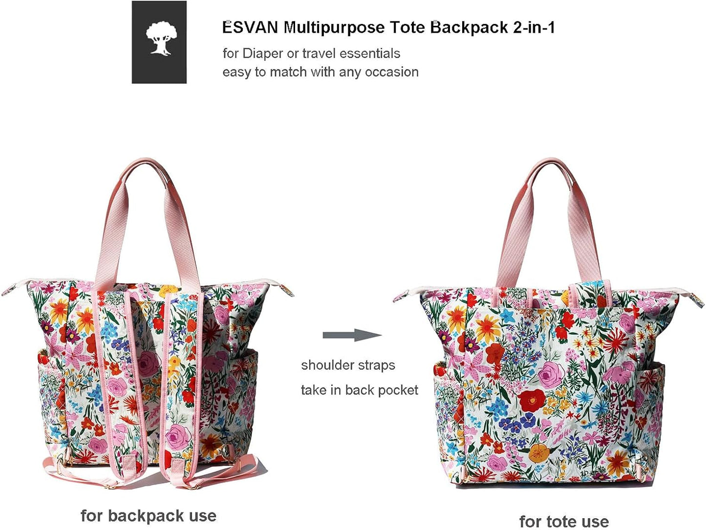 ESVAN Diaper Tote Bag Totepack Backpack 2 in 1 for Women Multifunctional Large Capacity with Insulated Pockets Travel | Multifunctional, Travel