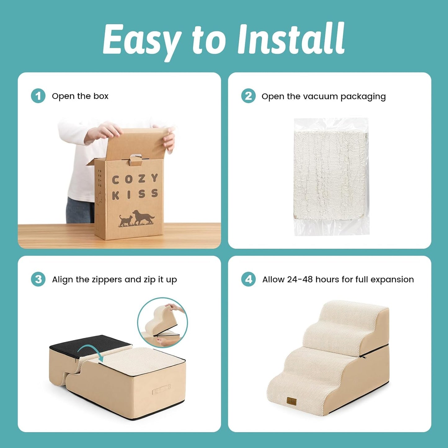 Detachable Dog Stairs for Small Dog, 4 Step Curved Dogs Step for Puppy or Older Cat, Ramp for Bed, Sofa, Couch or Chair, Ladder with High Density Foam, 15.7x28.3x19.7 inch, Beige