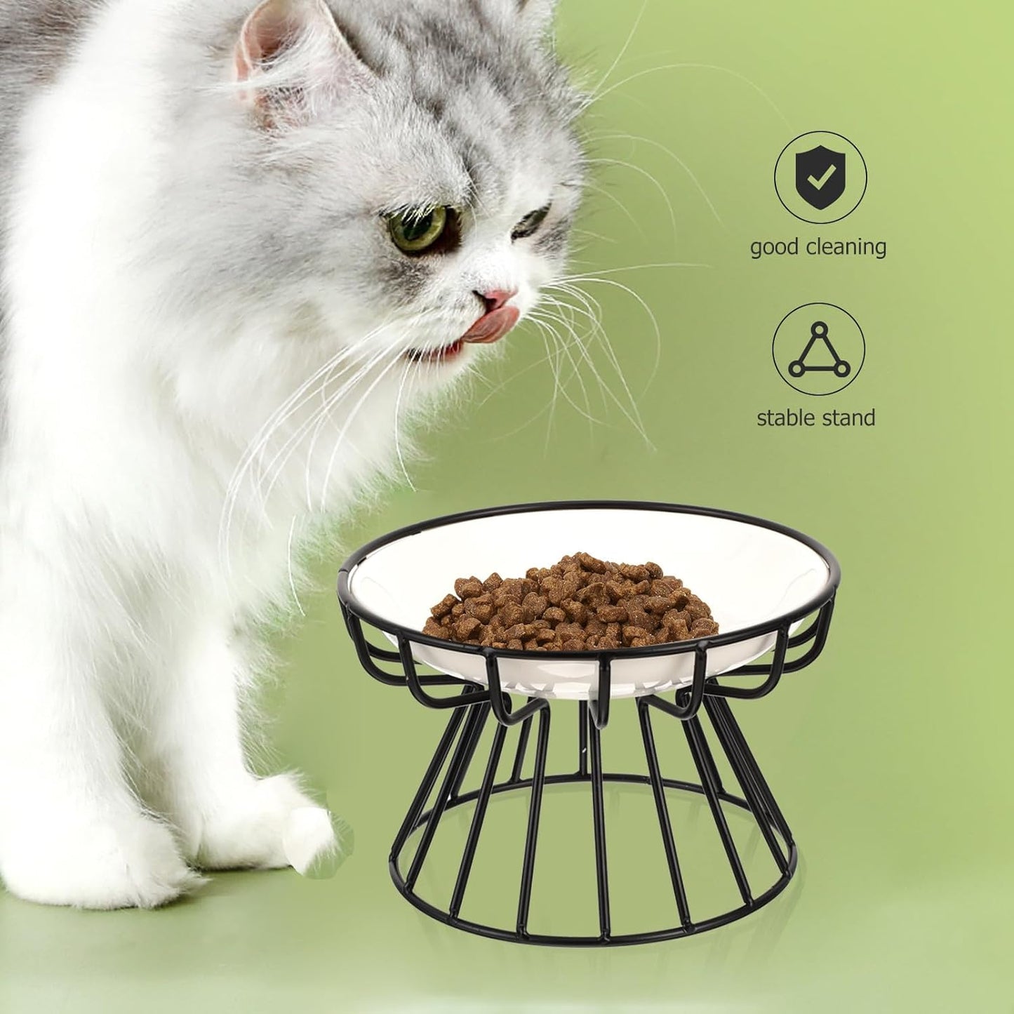 FAVOMOTO Ceramic Elevated Cat Food Bowl with High Base and Black Iron Stand, Whisker-Friendly Raised Pet Feeder for Cats and Kittens, Anti-tip Non-Slip Design for Indoor Feeding