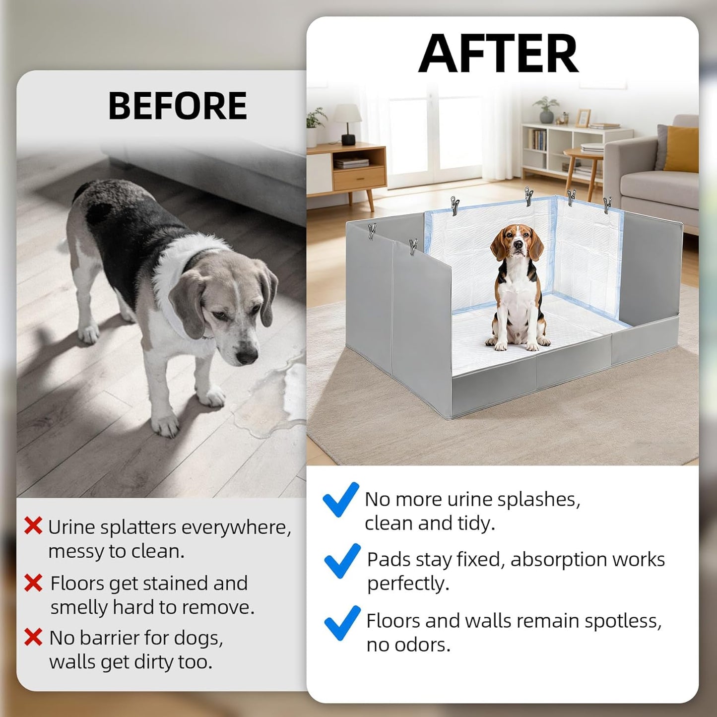 Dog Pee Pad Holder with High Walls, 32.3"x22"x15.7" No-Splash Indoor Dog Potty Box with 6 Clamps, No Assembly Foldable Potty Training Toilet for Large Small Medium Dogs Puppy Potty(Gray2)