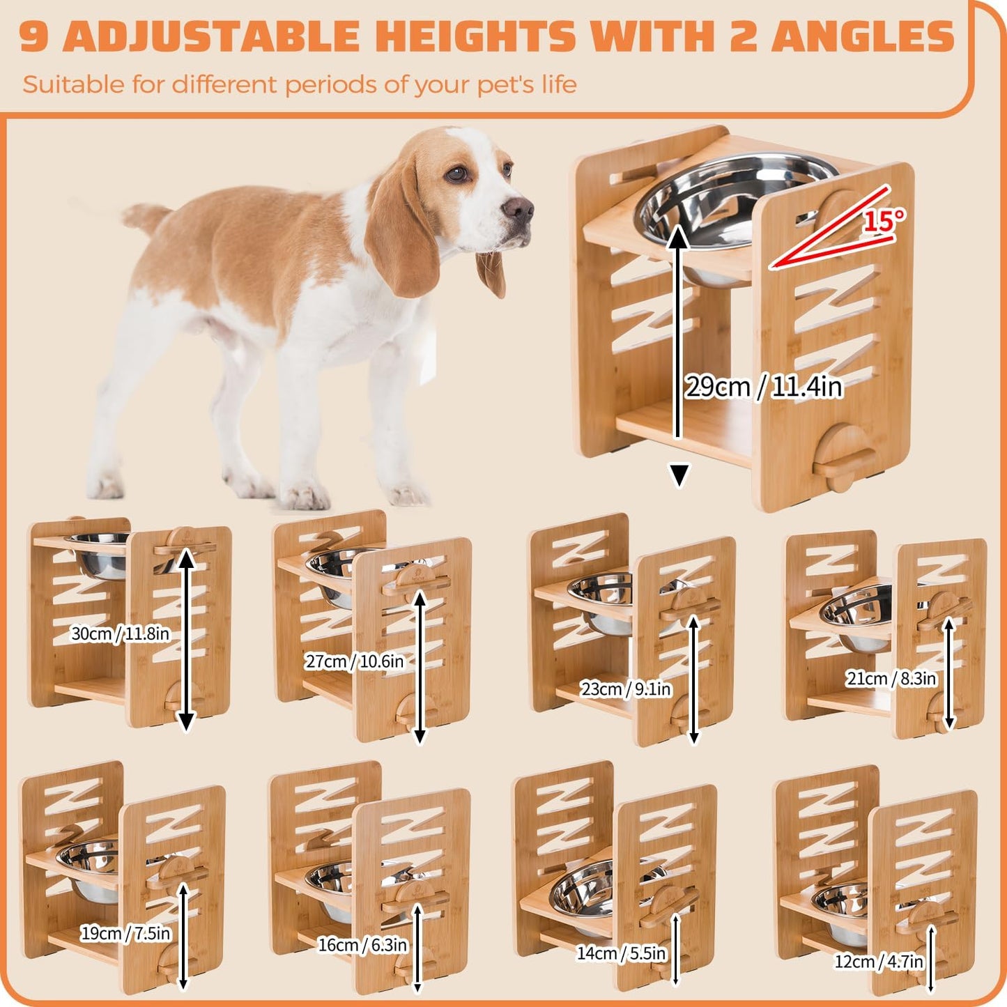 Elevated Dog Bowl 4.7″-11.8″with Food Grade 304 Stainless Steel 51 OZ, 9 Heights Bamboo Dogs Bowl Stand for Medium and Large Dogs, 1 Pack