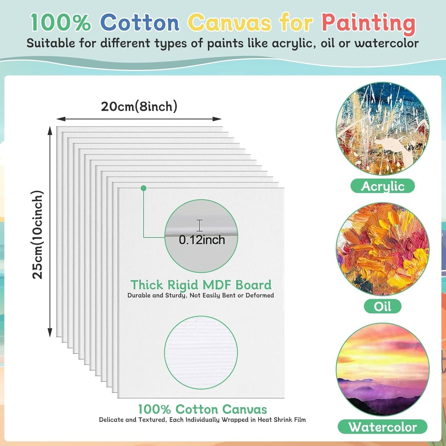 120pcs 8x10 Inch Painting Supplies Kit, 12Pack Art Canvas Bulk with Easel Stand, 12 Colors Mini Acrylic Paint Set, Small Paint Brushes, Paint Trays, Painting Kit