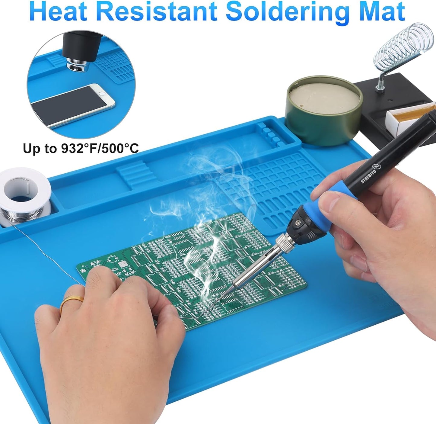 STREBITO Soldering Mat Electronics Repair Mat, Silicone Work Mat Heat Resistant 932°F, Magnetic Mat for Screws and Tools, Solder Mat Silicone Pad for Watch, Phone, Eyeglass, Knife, Size 13.8 "x 9.9"