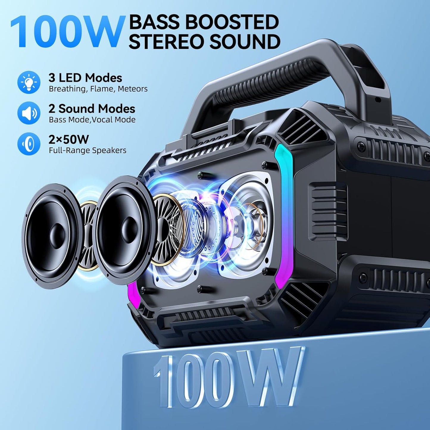 Wilody Speakers Bluetooth Wireless, 100W Loud Outdoor Speaker with Bass, IPX7 Waterproof Floatable, 20H Playtime, Wireless Charge, TWS, RGB Light, Portable Speaker for Work, Garage, Outdoor (Black)