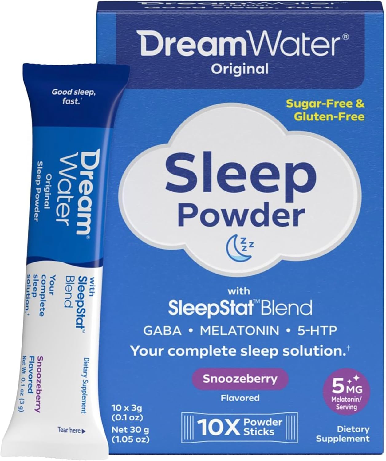 Dream Water Sleep Powder, Sugar-Free, Gluten-Free, Natural Flavors; Blend of 3 Ingredients, GABA, 5mg Melatonin, 5-HPT; Snoozeberry Flavor 10ct