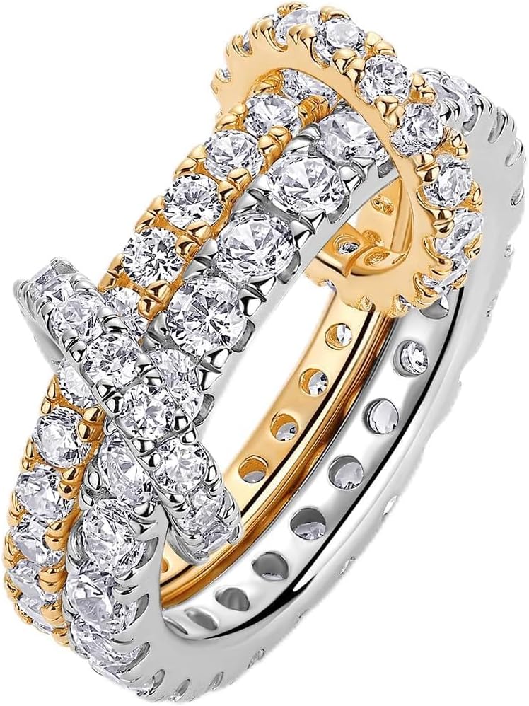 PAVOI 14K Gold Plated Interlocking Ring for Women - Chunky Connected Bands Interlock Stackable Rings for Women - Trendy Cubic Zirconia Two Tone Interlocked Multi-Band Statement Jewelry