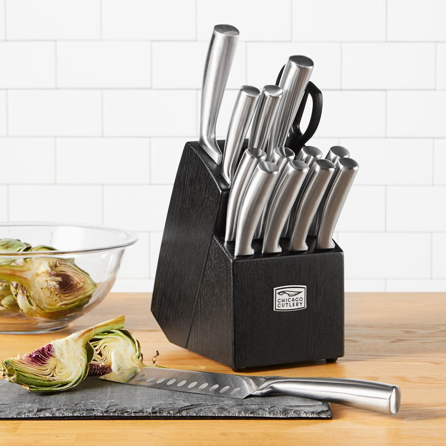Chicago Cutlery Malden (16-PC) Kitchen Knife Block Set With Wooden Block & Built-In Sharpener, Contoured Handles and Sharp Stainless Steel Professional Chef Knife Set & Scissors