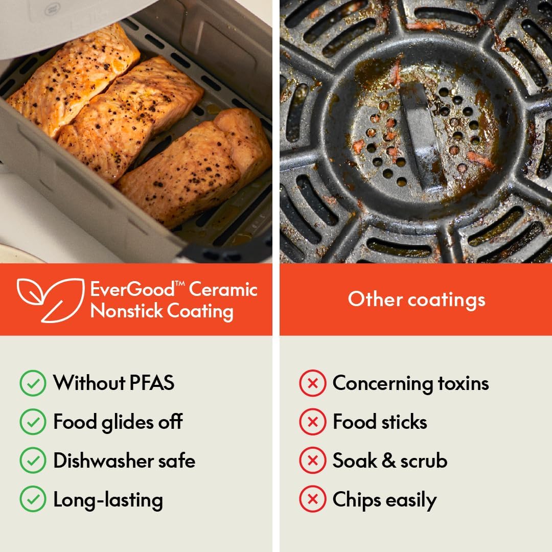 bella 4Qt Slim Air Fryer, Fits-anywhere™ Kitchenware, EverGood™ Ceramic Nonstick Coating, Adjustable Temperature, 6 Preset Cooking Options, 60 Min Auto Shutoff w Audible Tone, 3.3lb Capacity, Oatmilk