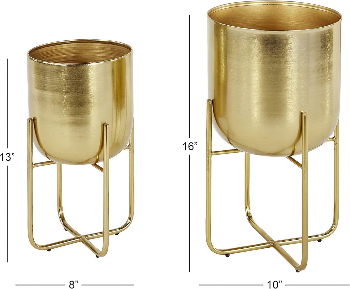 Deco 79 Metal Indoor Outdoor Planter Brushed Dome Large Planter Pot with Curved X-Shaped Bases, Set of 2 Planters 16", 13"H, Gold