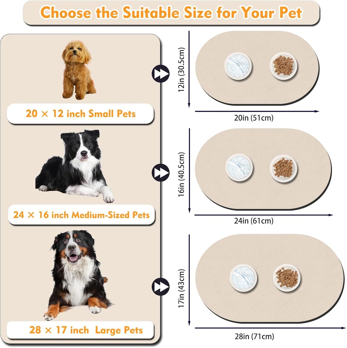 Pet Feeding Mat – 20''x12'' Absorbent Dog Food Mat, Pet Water Mats Protect Floor, No Stains Quick Dry Water Bowl Mats, Non-Slip Rubber Base Pets Placemats for Food, Beige