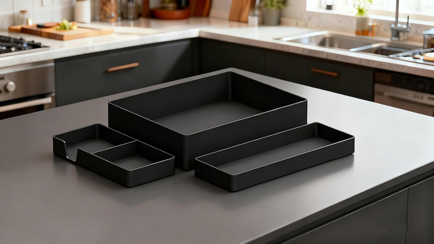 Amazon Basics Rectangular Plastic Desk Organizer Bundle, 3 Pieces with Half Accessory Tray, Small, Black
