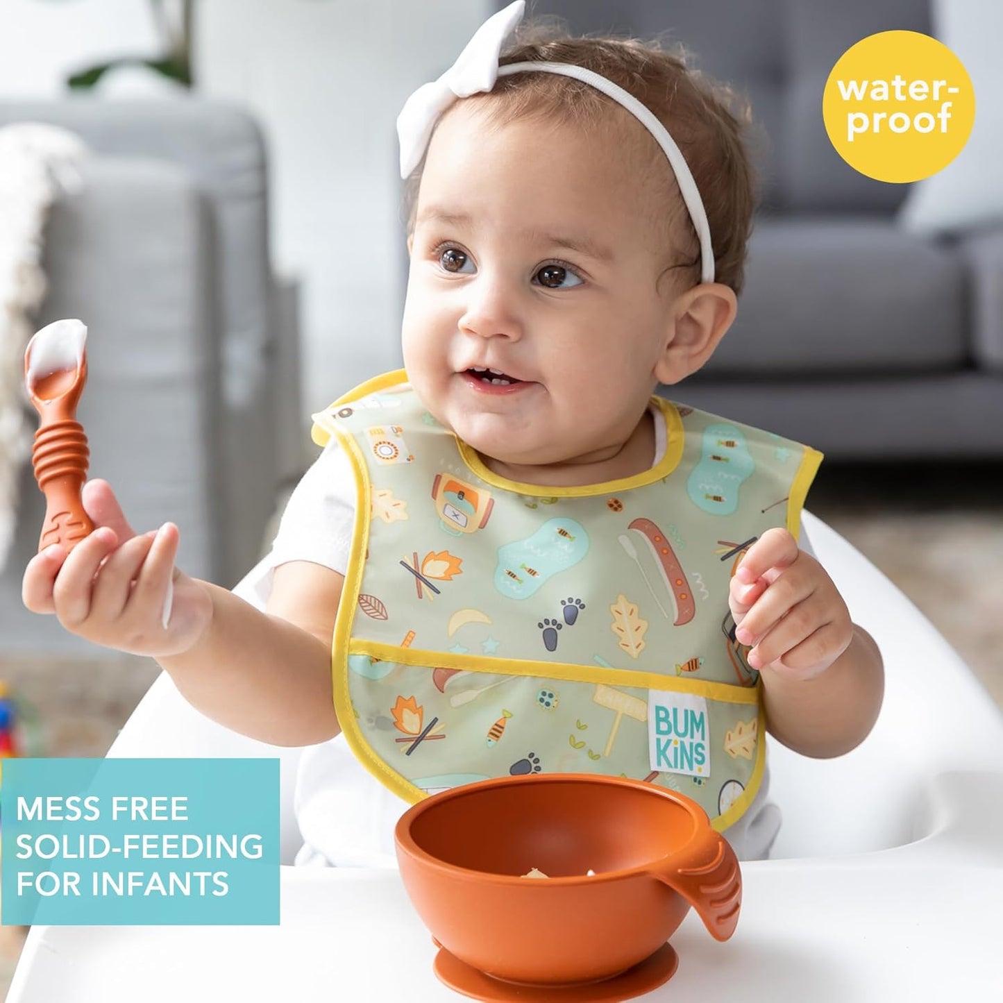 Bumkins Bibs, for Baby Girl or Boy, Infant 3-9 Months, Essential Must Have for Eating, Feeding, Baby Led Weaning Supplies, Mess Saving Waterproof Soft Fabric, Starter Bib 2-pk Camp Gear Green