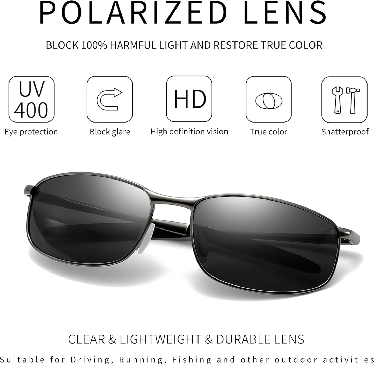 SUNGAIT Mens Narrow Polarized Sunglasses Metal Frame Small Rectangle Retro Durable UV400 Protection