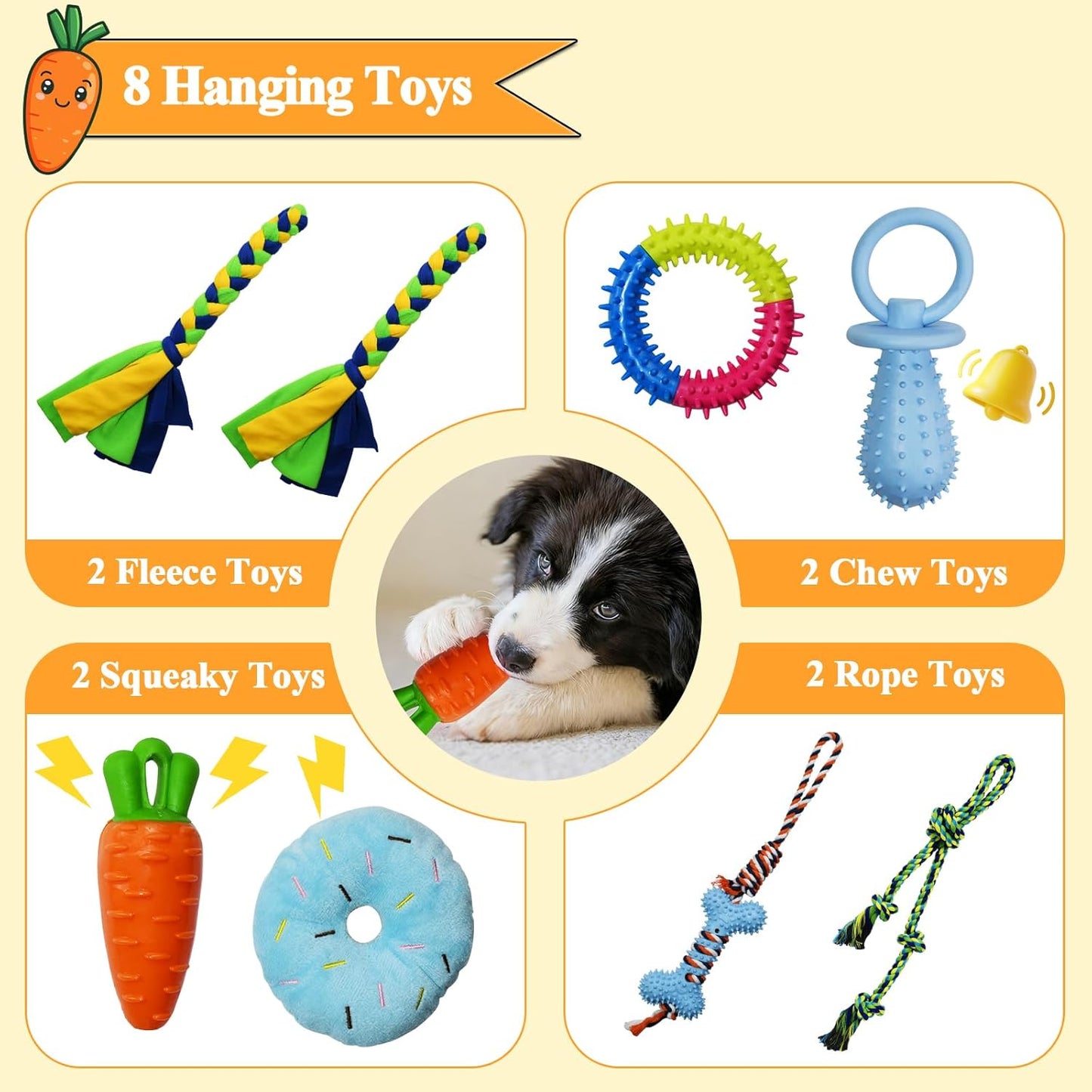 Puppy Play Gym with 8 Hanging Toys for Teething &Chewing, Interactive Activity Center for Small Dogs to Relieve Boredom & Anxiety, Indoor Enrichment Toys to Keep Them Busy (Square)
