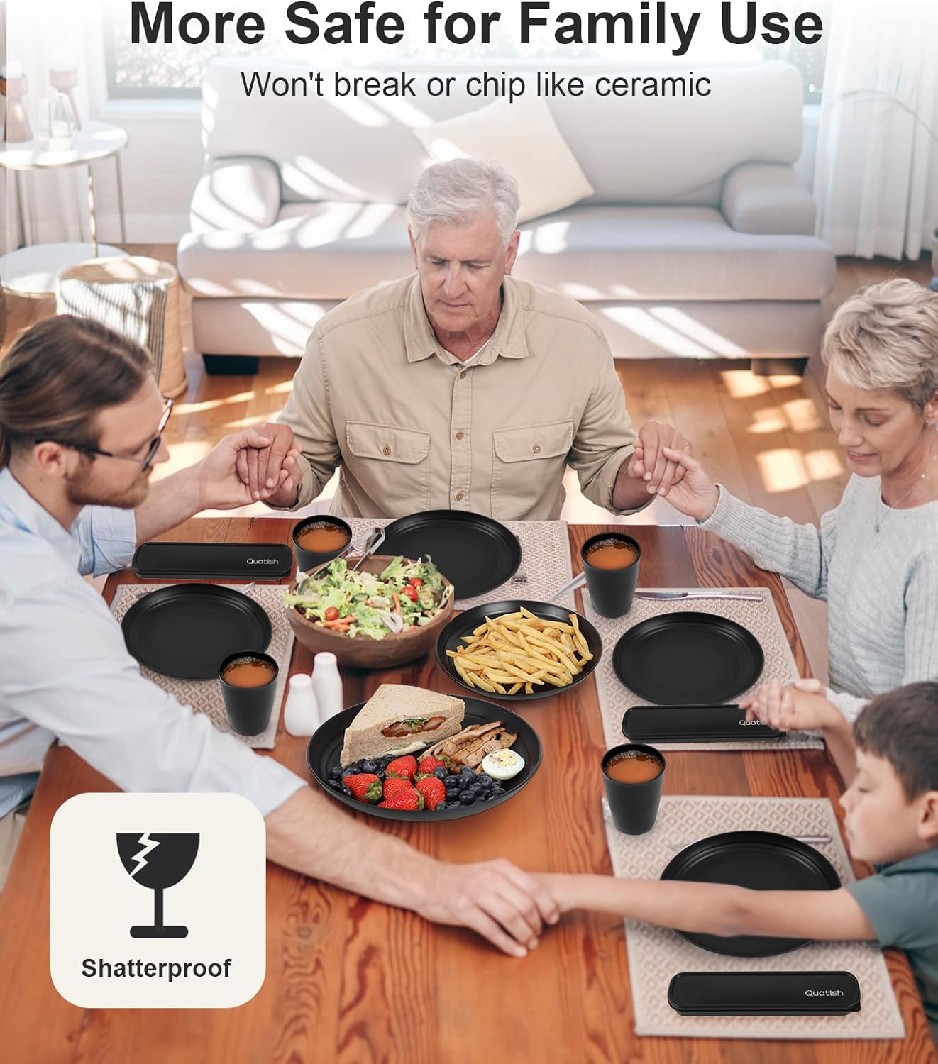 Quatish 24 Piece Plates and Bowls Sets for 6, Unbreakable Dinnerware Sets, Plastic Dish Set for Camping, Dishwasher Microwave Safe, Outdoor Kitchen and Apartment Dinning RV Essentials, Black