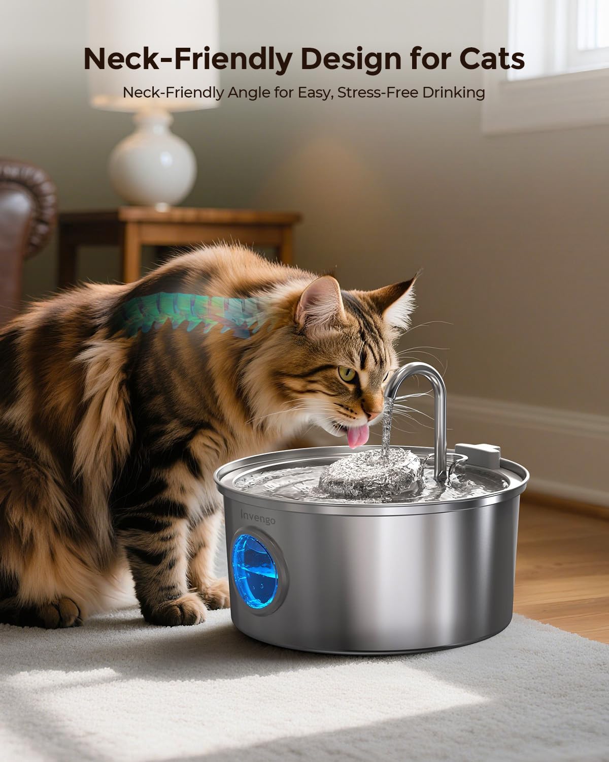 Cat Water Fountain Stainless Steel, 3.2L/108oz Pet Drinking Fountain for Cats Dogs, Automatic Cat Fountain with 2 Flow Modes, Splash-Proof Bowl, Includes 4 Replacement Filters