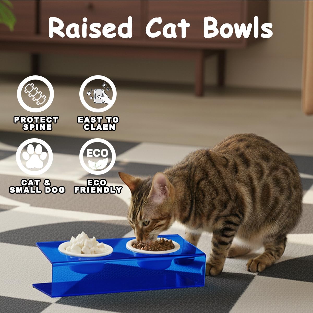Elevated Cat Bowls Set for Indoor Cats, Blue Acrylic Stand with 2 Ceramic Bowls for Food and Water, 15° Tilted Design for Anti-Vomiting & Ant Proof