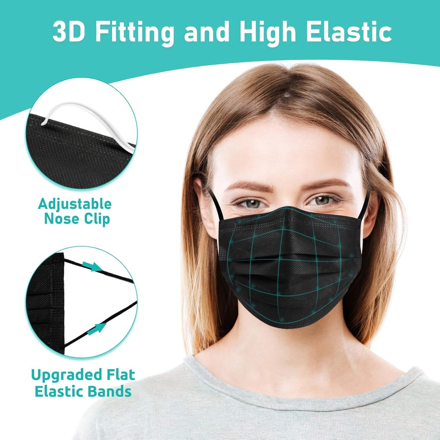 Disposable Face Masks 4 Layers, 2023 Upgraded 50PCS Black Mask with White Inside, Breathable Face Mask with Comfortable Wider Flat Elastic Ear Bands